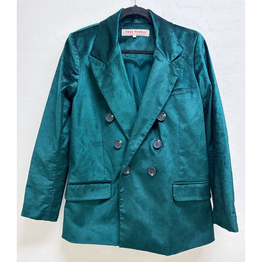 Free People Velvet Ashby Blazer Jade Green Double Breasted Jacket Women's S